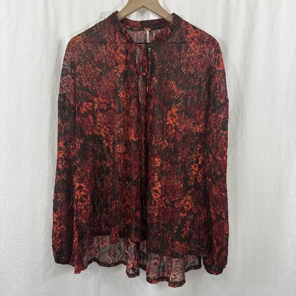 Free People Out For The Night Red Lace Semi Sheer Tie Boho Romantic Top Womens L - Picture 1 of 12
